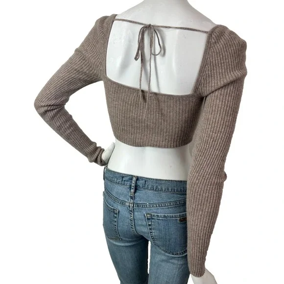 Reformation Aries Cashmere Sweater Women Size Small Oatmeal Cropped Tie Back L/S - Picture 9 of 10